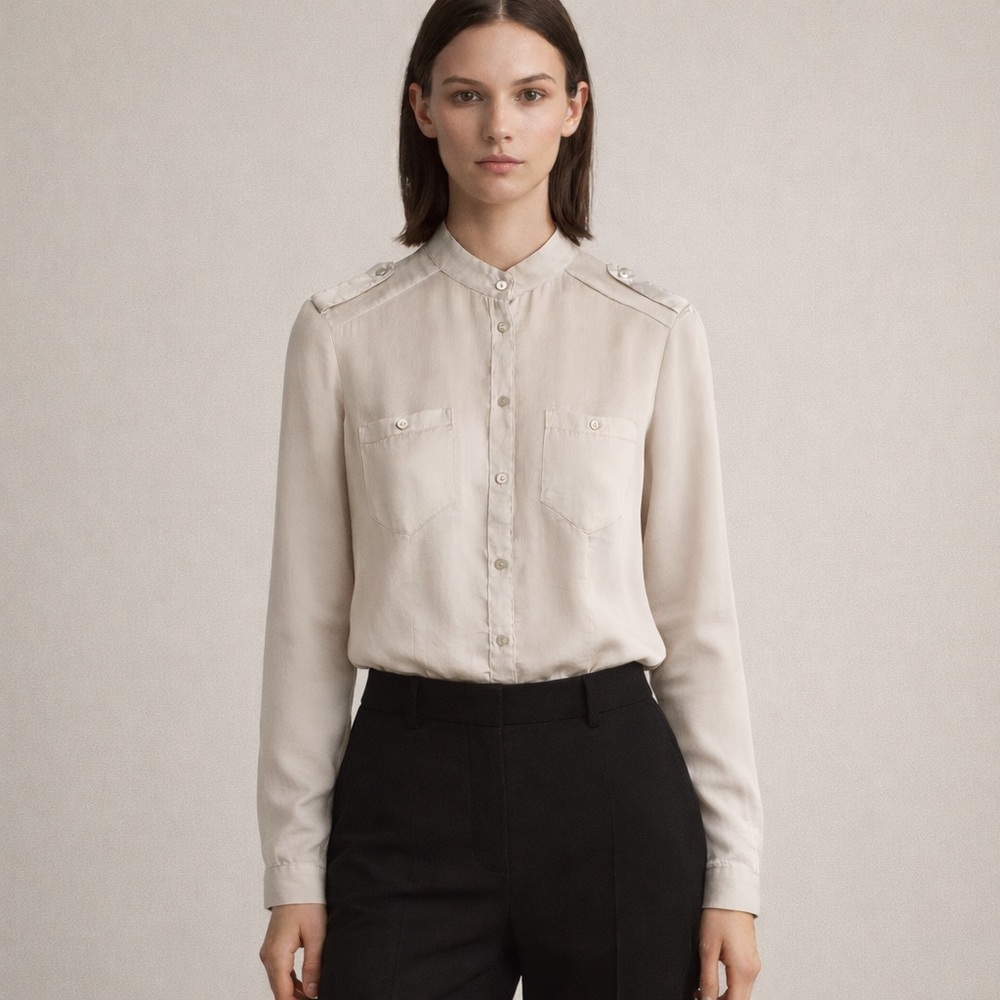 United Colors of Benetton Silver Satin Button-Down Blouse XS Metallic Sheen